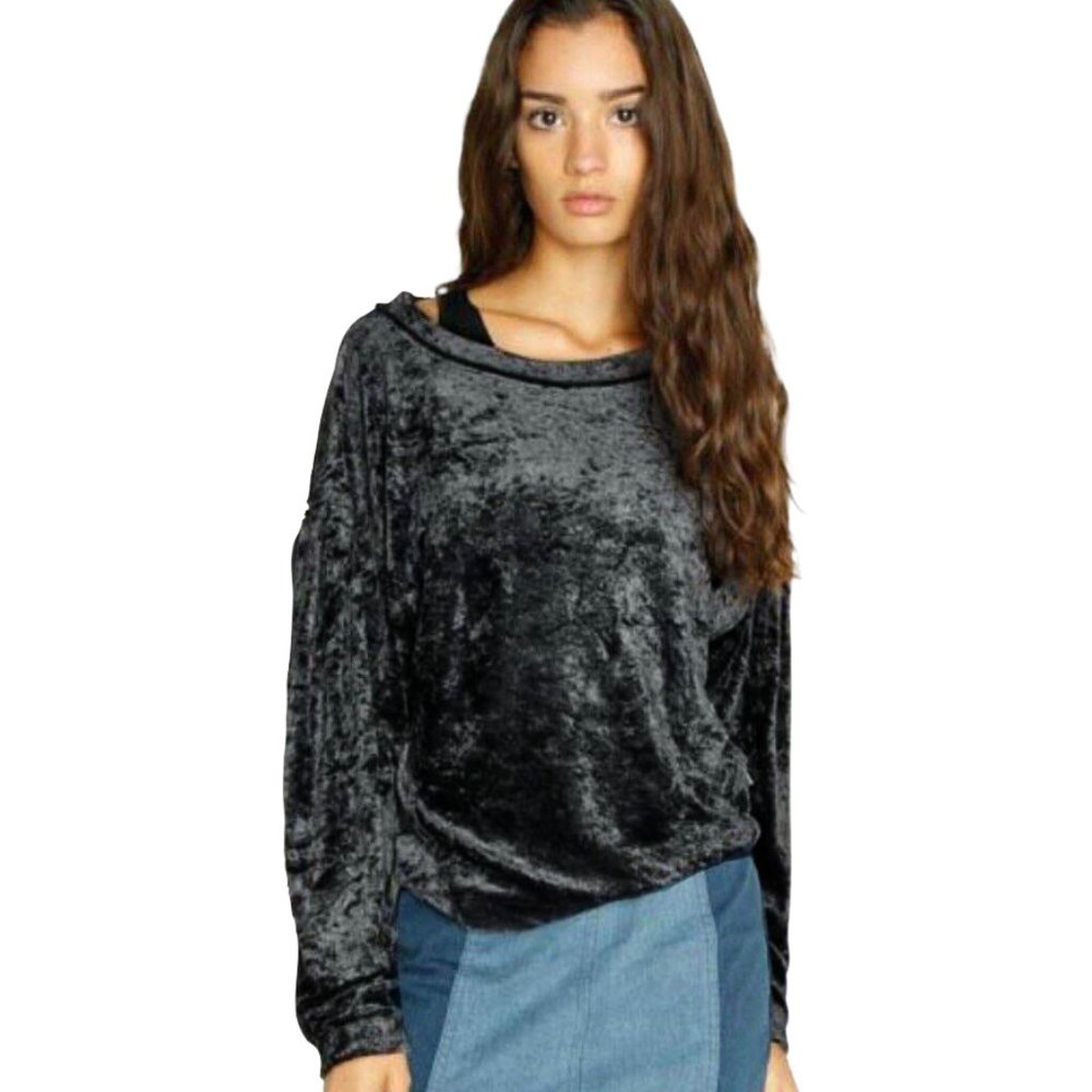 We The Free Black Milan Crushed Velvet Sweatshirt Top
